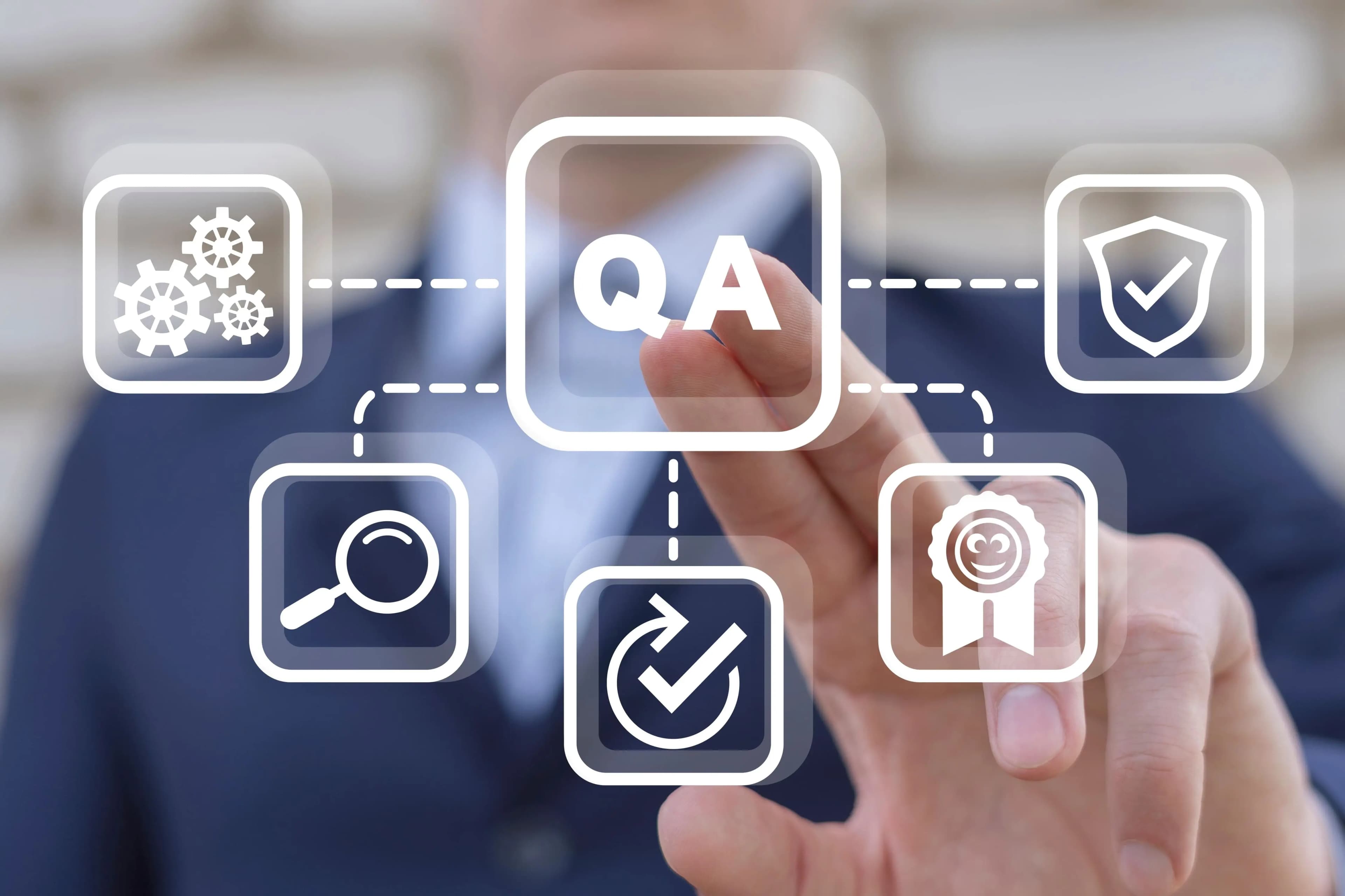 A business professional touching a virtual QA icon surrounded by symbols representing software quality assurance, testing, and process validation.